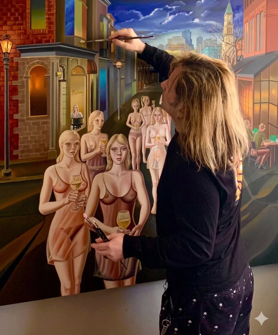 Greg Deda at work on a painting in his studio